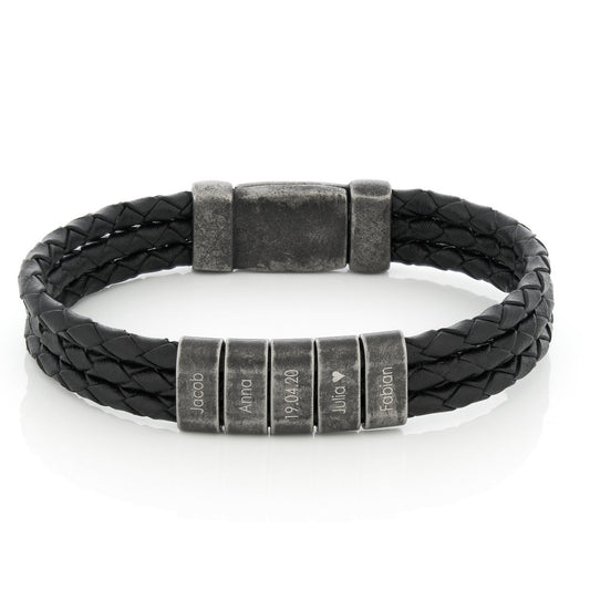 Lederarmband mit gravierten Oxid Edelstahl Beads - Papasplatz