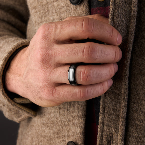 Black silver ceramic ring with engraving