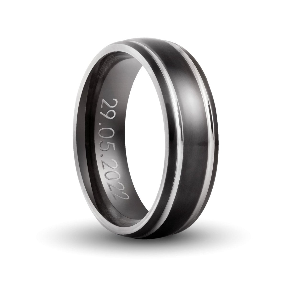 Personalisierter schwarzer Titanring mit silbernen Akzenten - Papasplatz